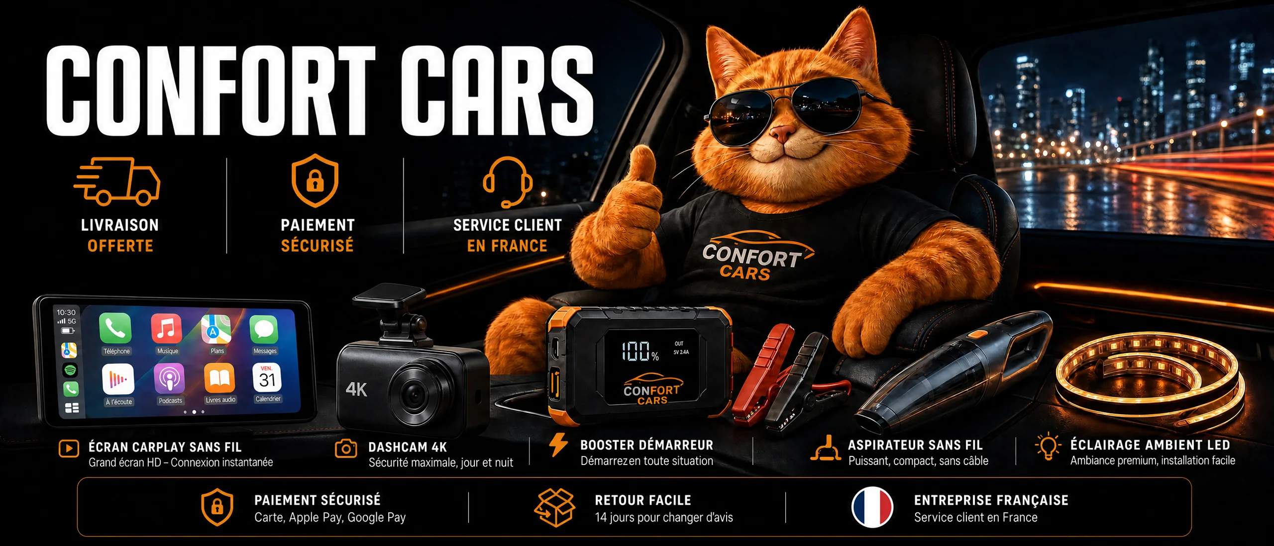 Écran CarPlay sans fil, dashcam 4K, booster démarreur, aspirateur sans fil et éclairage LED.