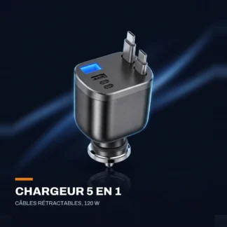 Chargeur allume-cigare 5 en 1 — deux câbles rétractables, 120 W