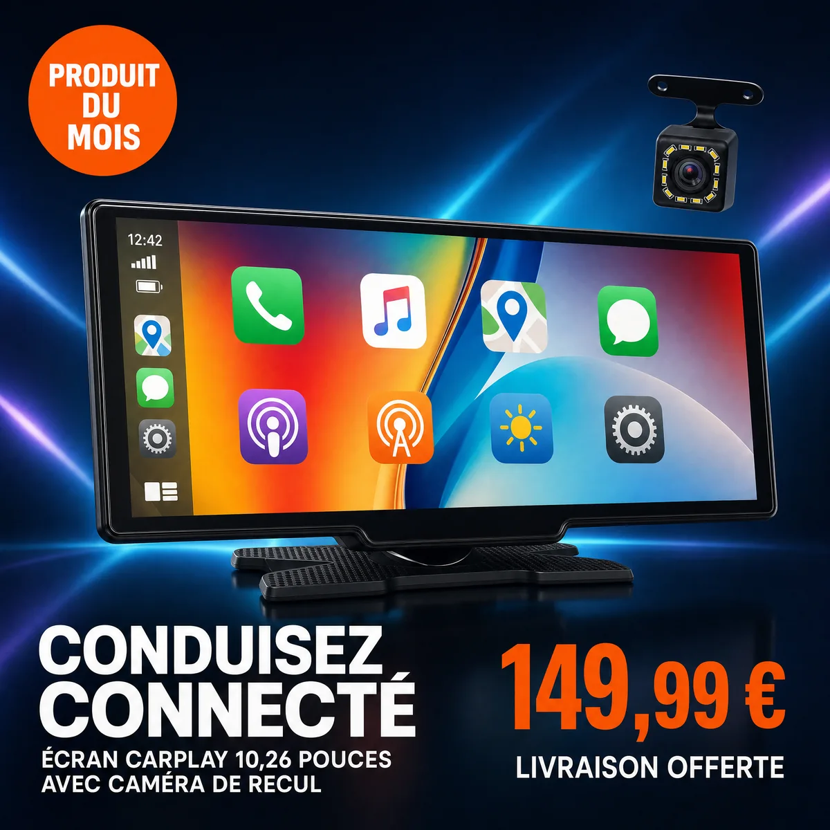 Écran CarPlay 10,26 pouces avec caméra de recul, produit du mois Confort Cars à 149,99 € livraison offerte