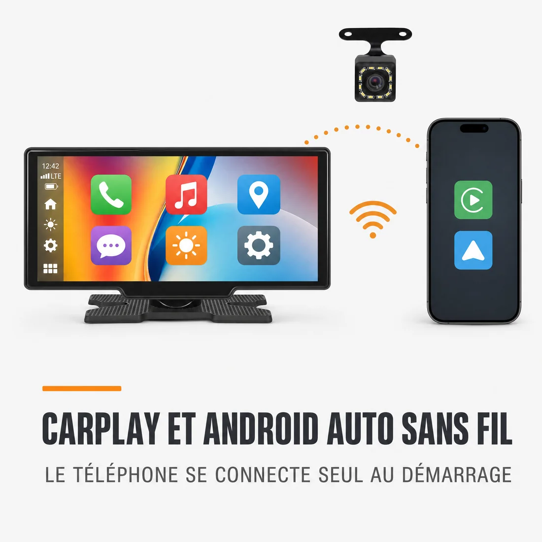 Écran CarPlay relié sans fil à un smartphone, connexion automatique au démarrage