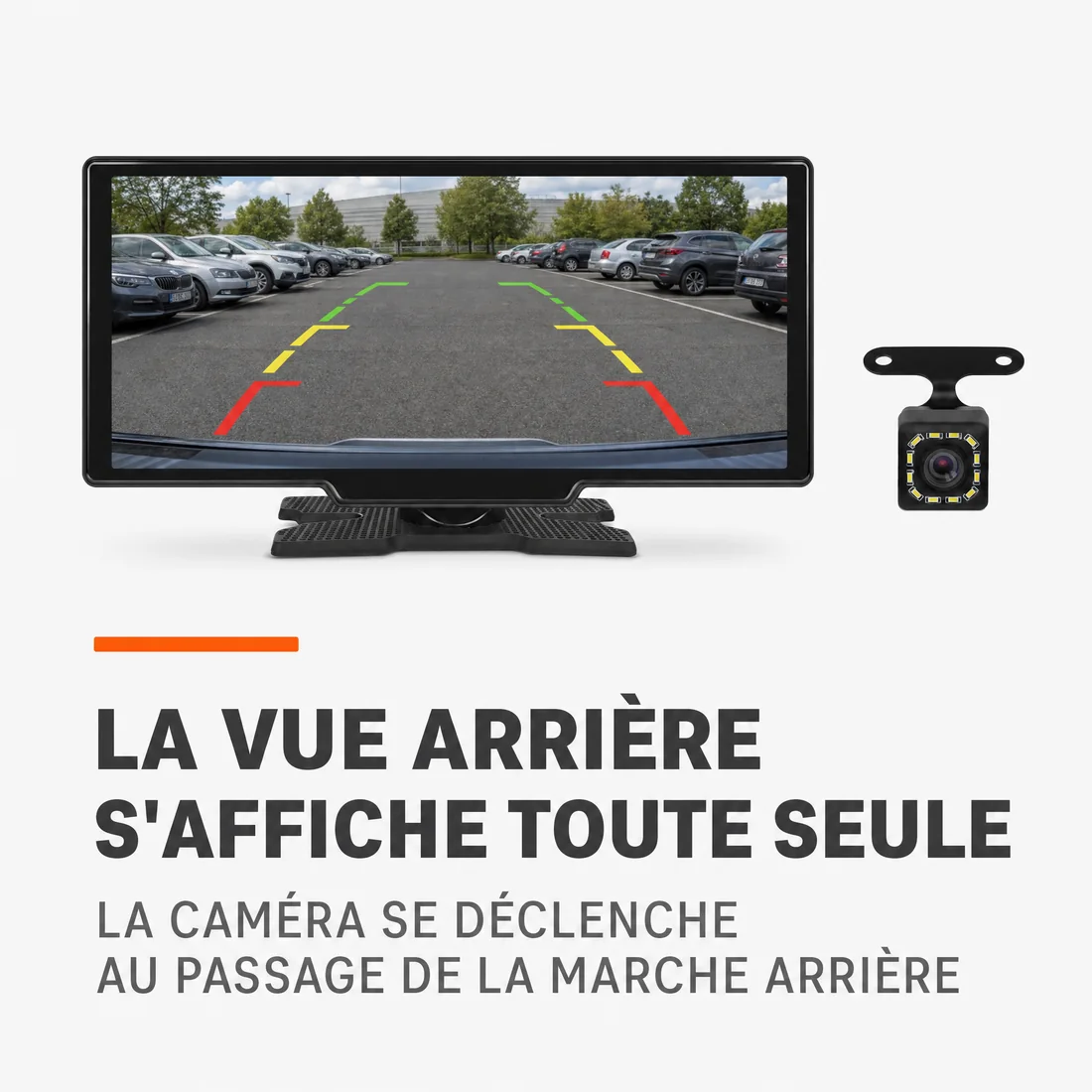 Écran CarPlay affichant la vue de la caméra de recul avec ses lignes de guidage