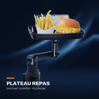 Plateau repas sur porte-gobelet — pivotant, avec support téléphone