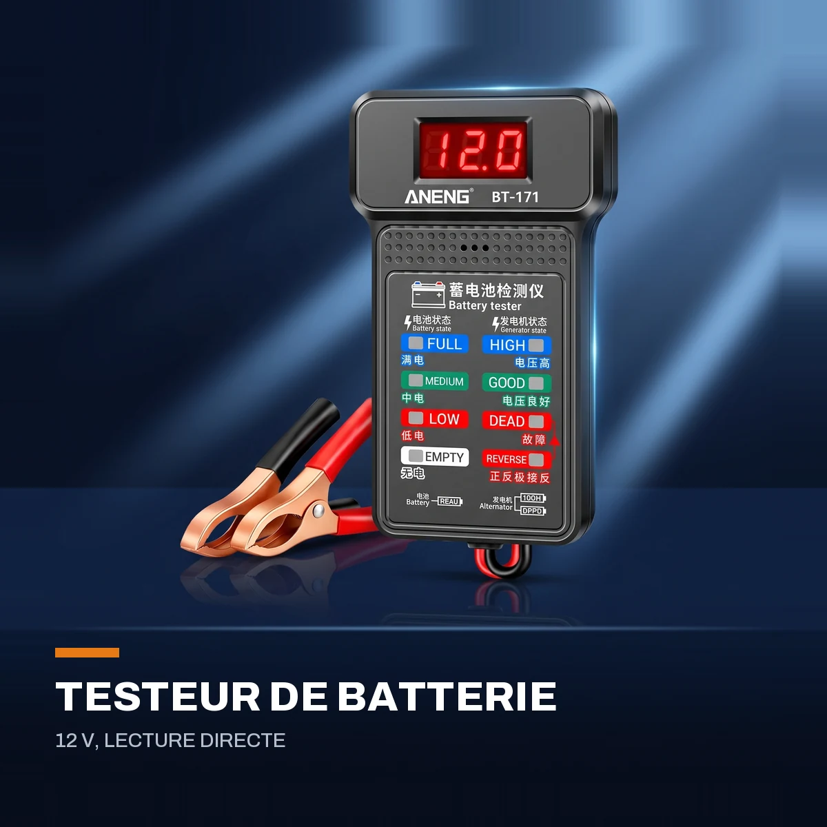 Testeur de batterie 12 V — état de charge en un coup d’œil